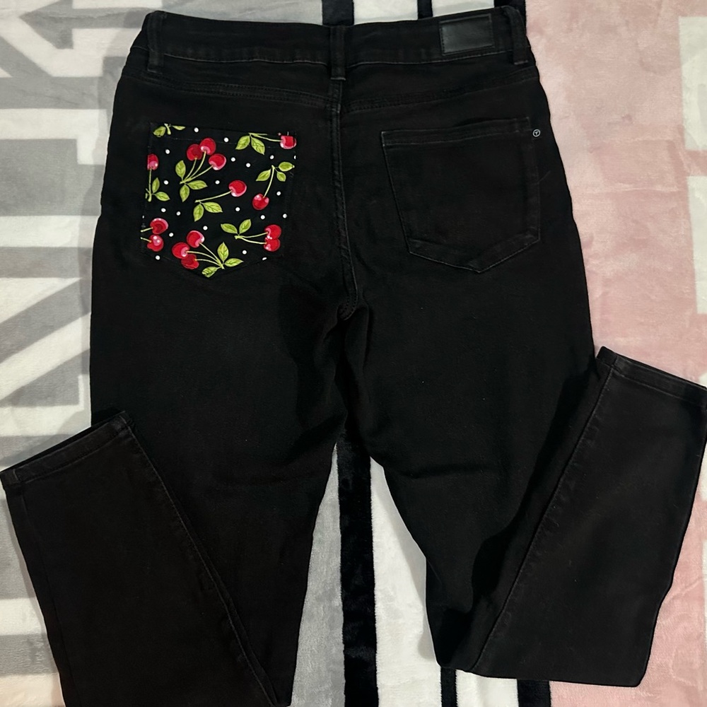 Tahari Black Jeans with Cherry Custom Pocket